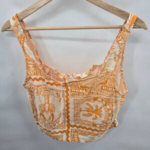 Nicole Miller Artelier Orange White Tropical Lobster Linen Blend Crop Top Small